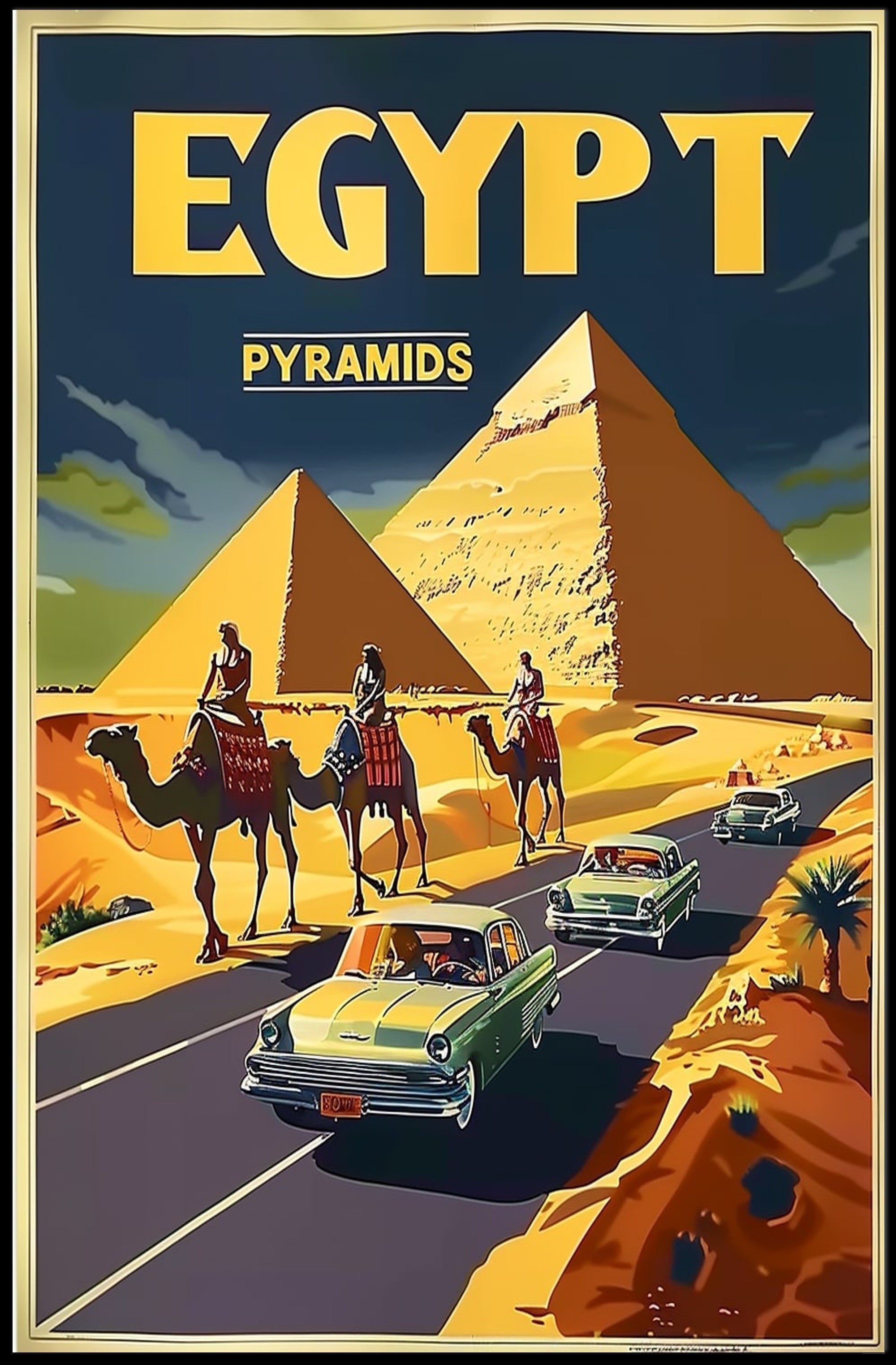 Vintage Egypt Travel Poster: Pyramids, Camels, Classic Cars PosterGoat