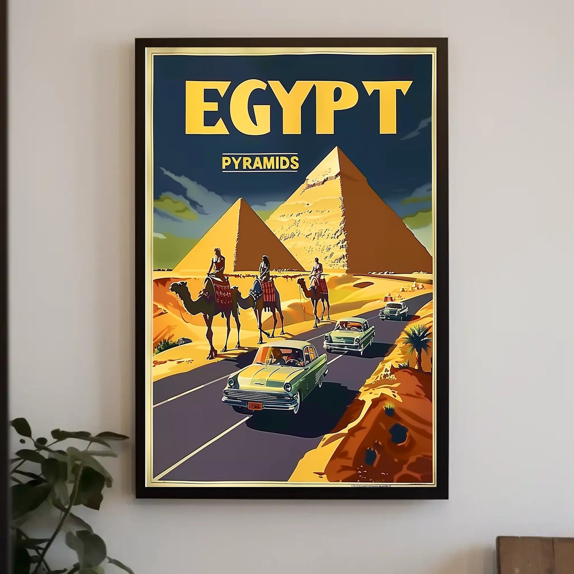 Vintage Egypt Travel Poster: Pyramids, Camels, Classic Cars PosterGoat