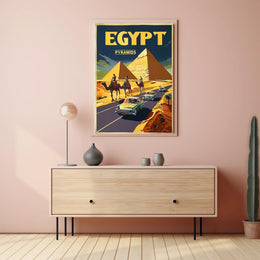 Vintage Egypt Travel Poster: Pyramids, Camels, Classic Cars PosterGoat