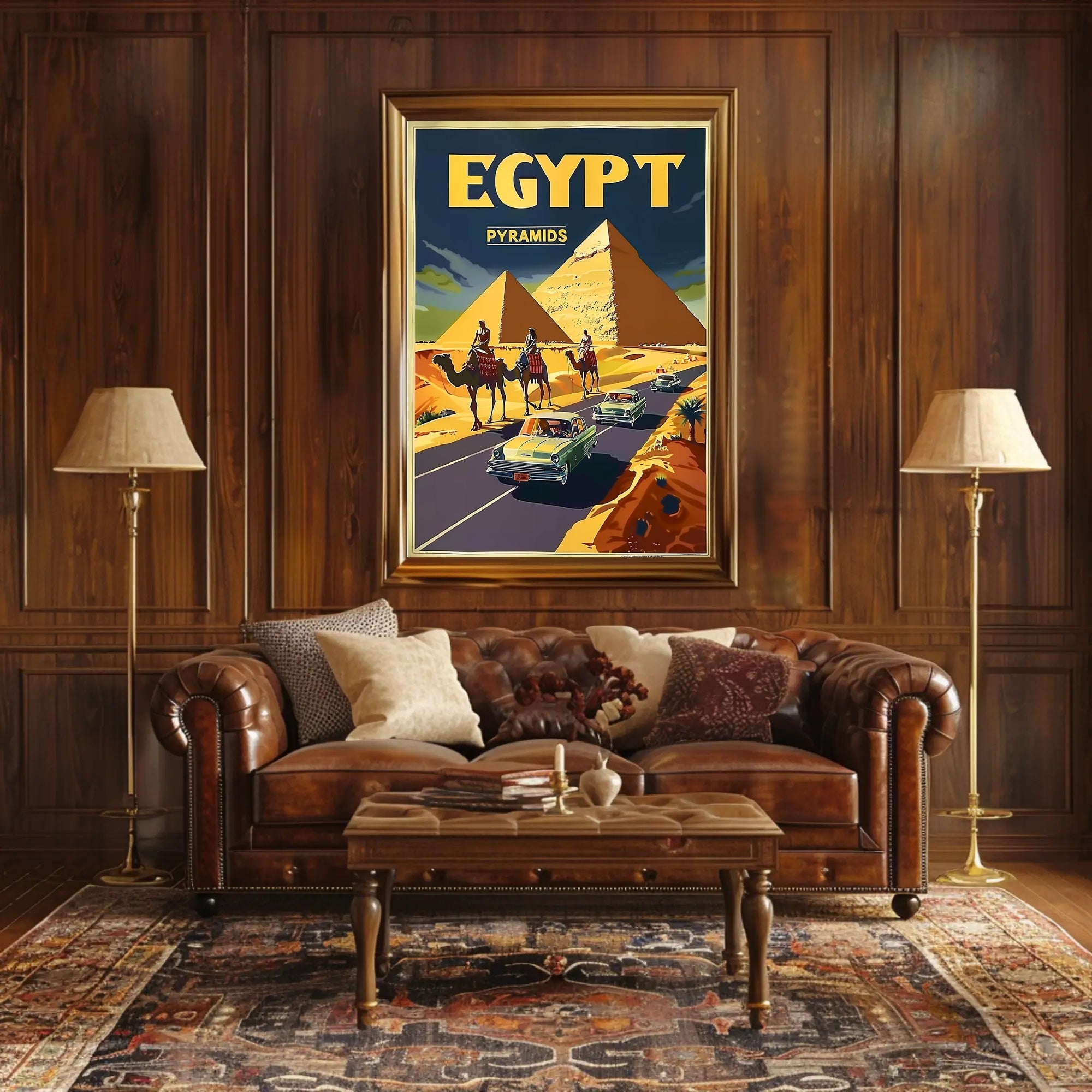 Vintage Egypt Travel Poster: Pyramids, Camels, Classic Cars PosterGoat