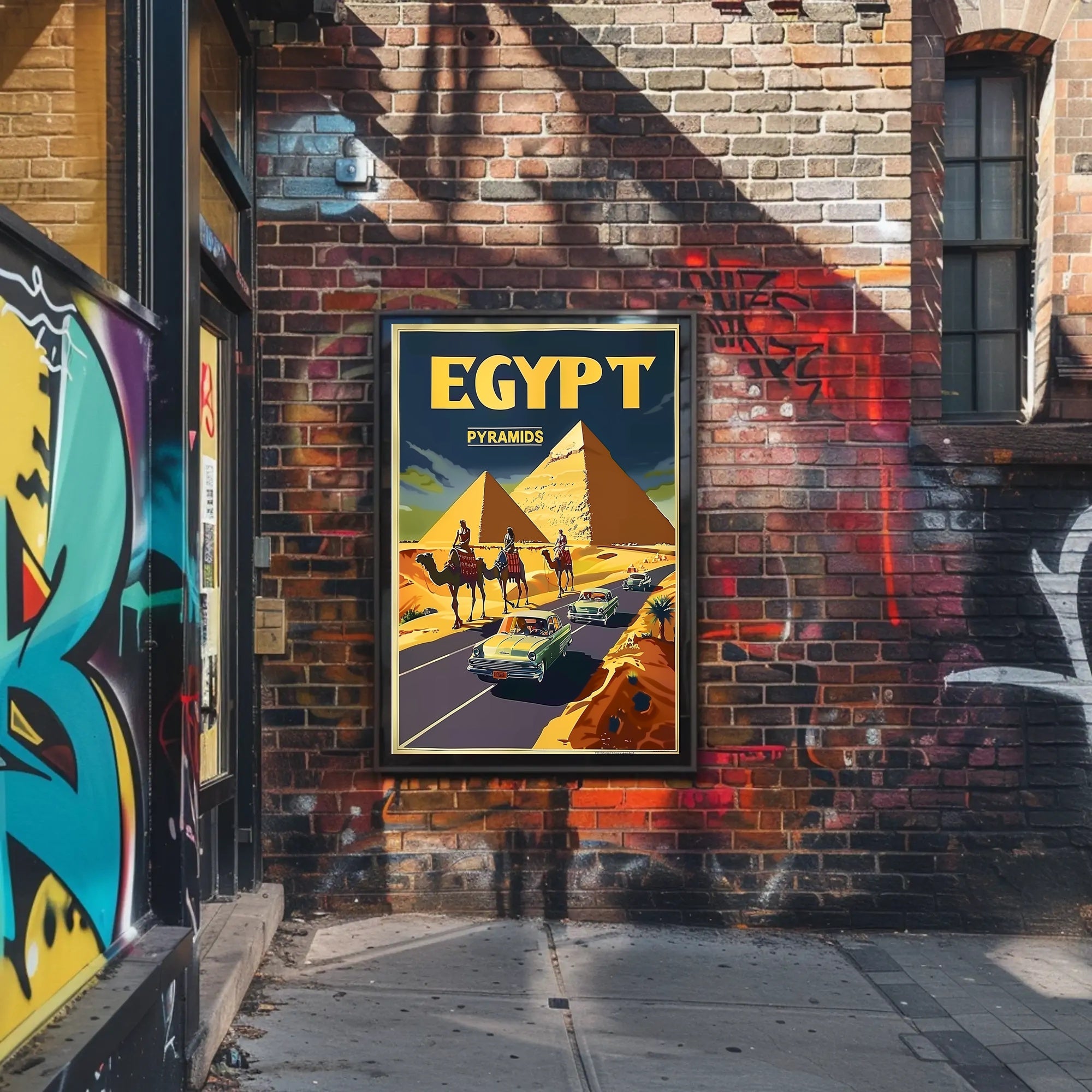 Vintage Egypt Travel Poster: Pyramids, Camels, Classic Cars PosterGoat