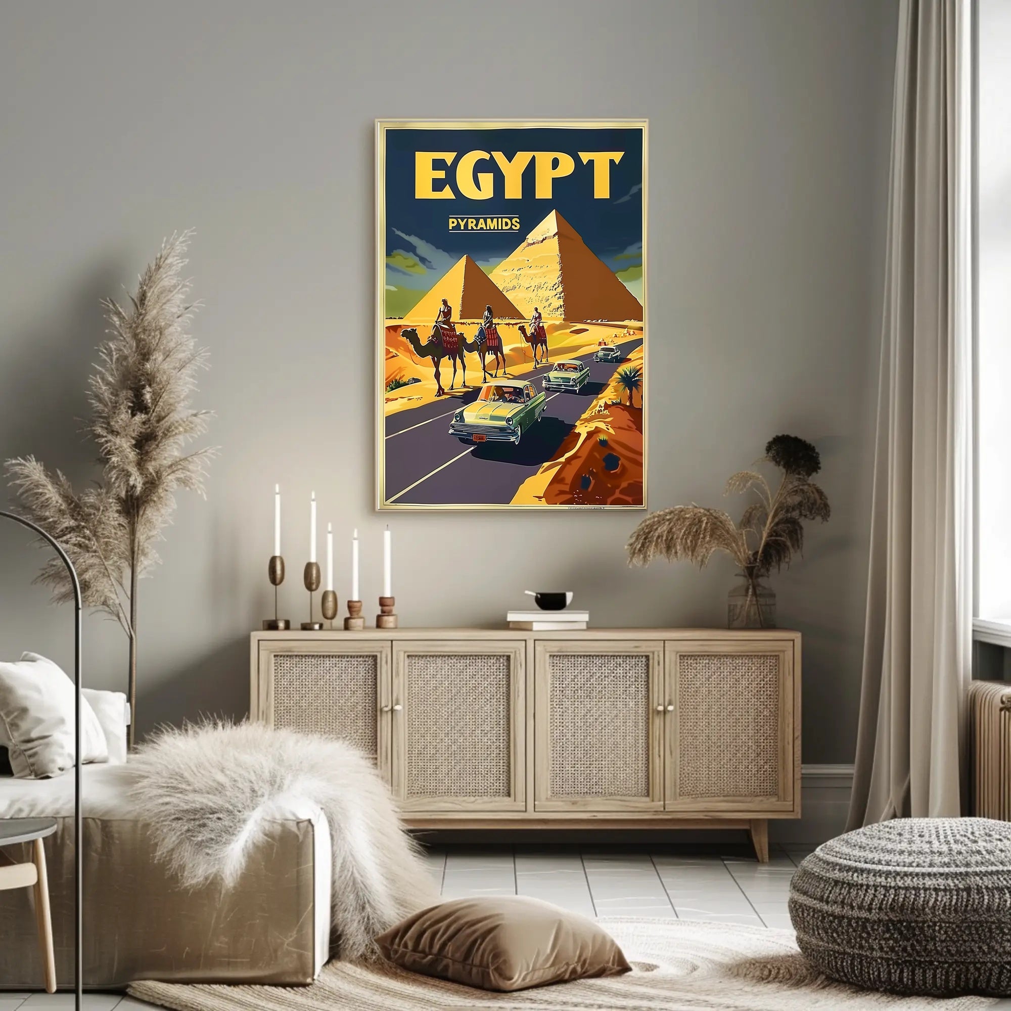 Vintage Egypt Travel Poster: Pyramids, Camels, Classic Cars PosterGoat