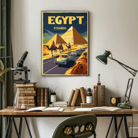 Vintage Egypt Travel Poster: Pyramids, Camels, Classic Cars PosterGoat