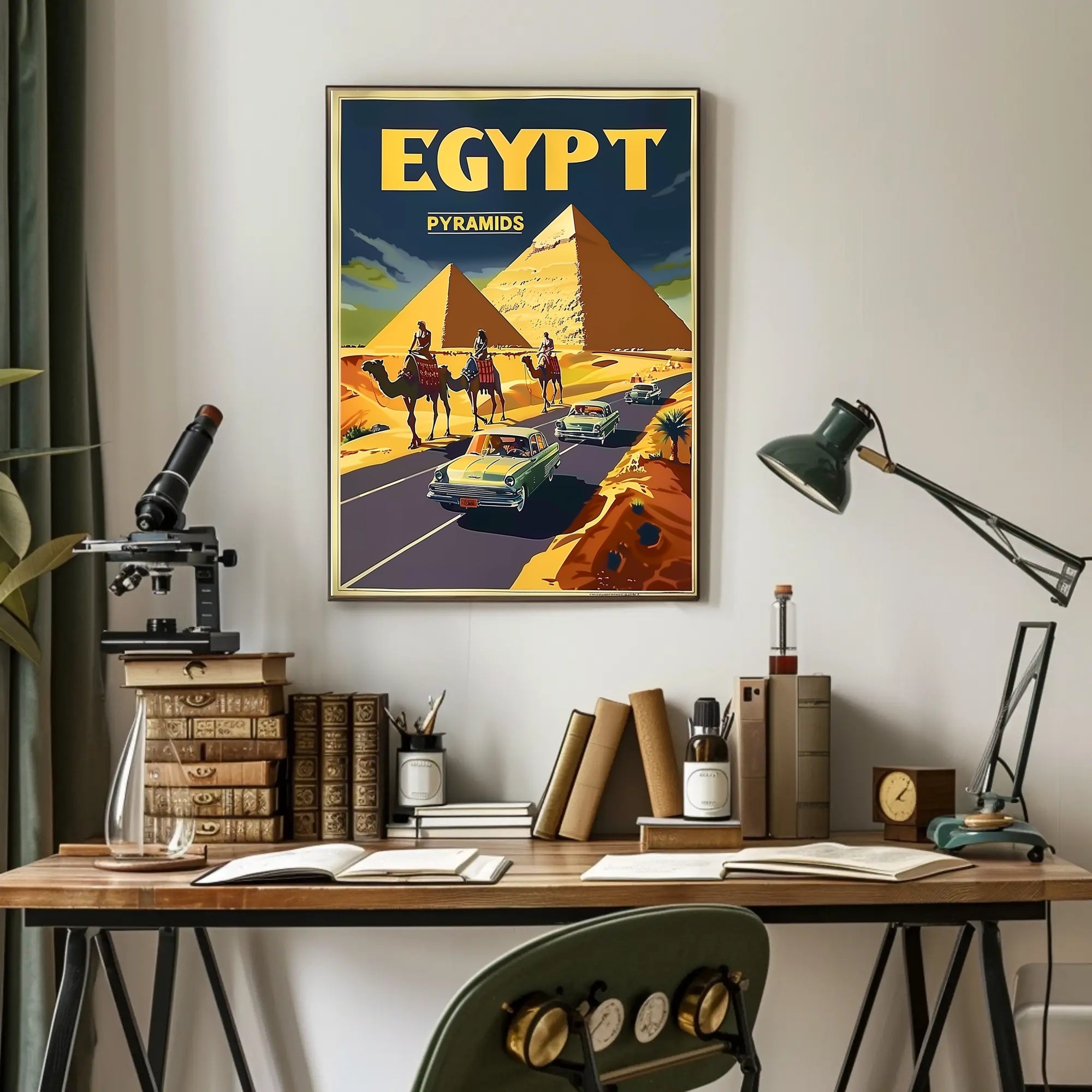 Vintage Egypt Travel Poster: Pyramids, Camels, Classic Cars PosterGoat