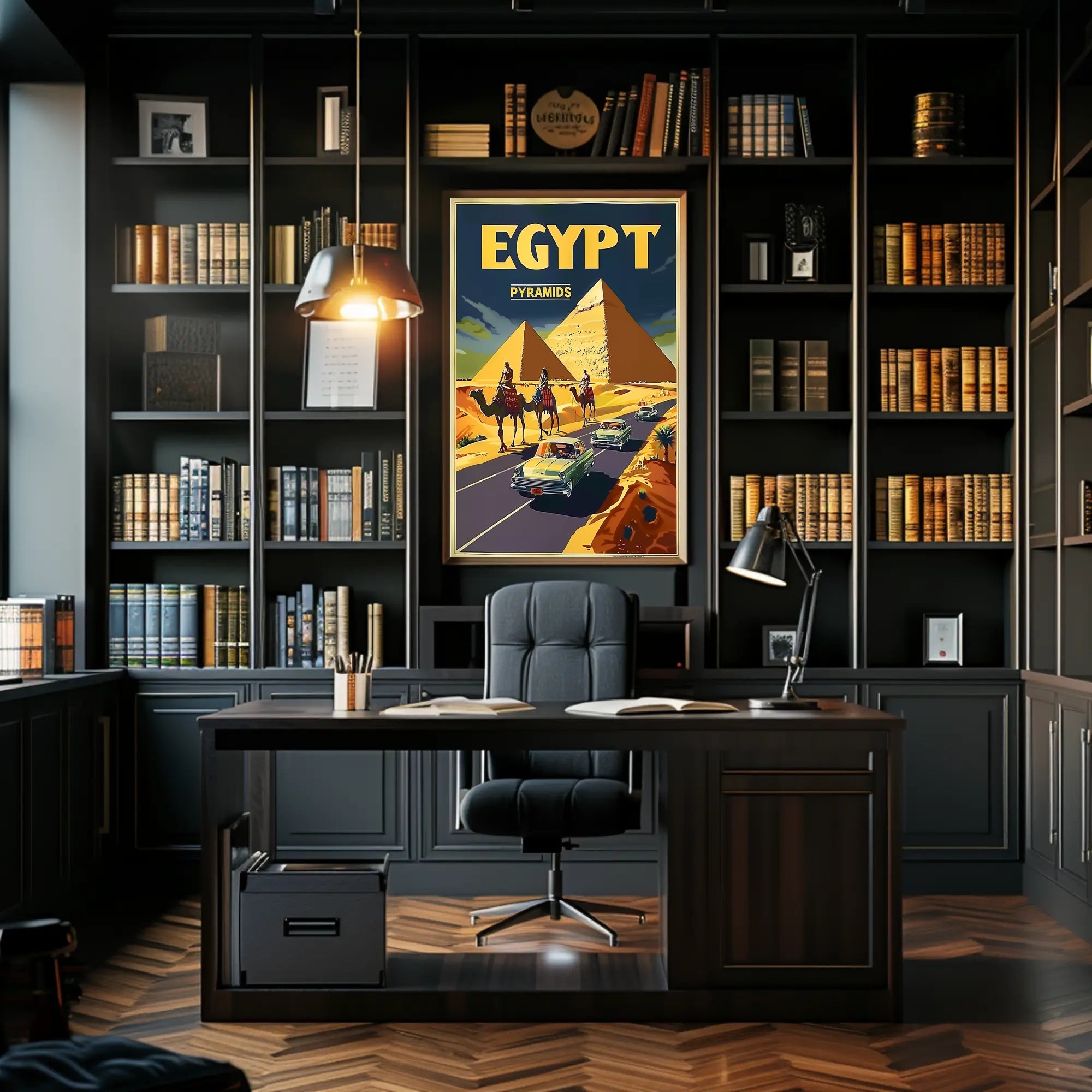 Vintage Egypt Travel Poster: Pyramids, Camels, Classic Cars PosterGoat