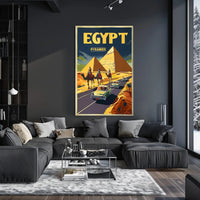 Vintage Egypt Travel Poster: Pyramids, Camels, Classic Cars PosterGoat