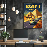 Vintage Egypt Travel Poster: Pyramids, Camels, Classic Cars PosterGoat