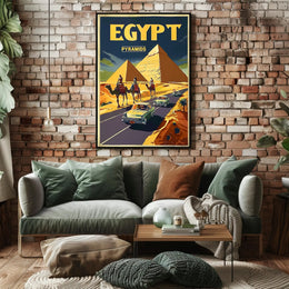 Vintage Egypt Travel Poster: Pyramids, Camels, Classic Cars PosterGoat