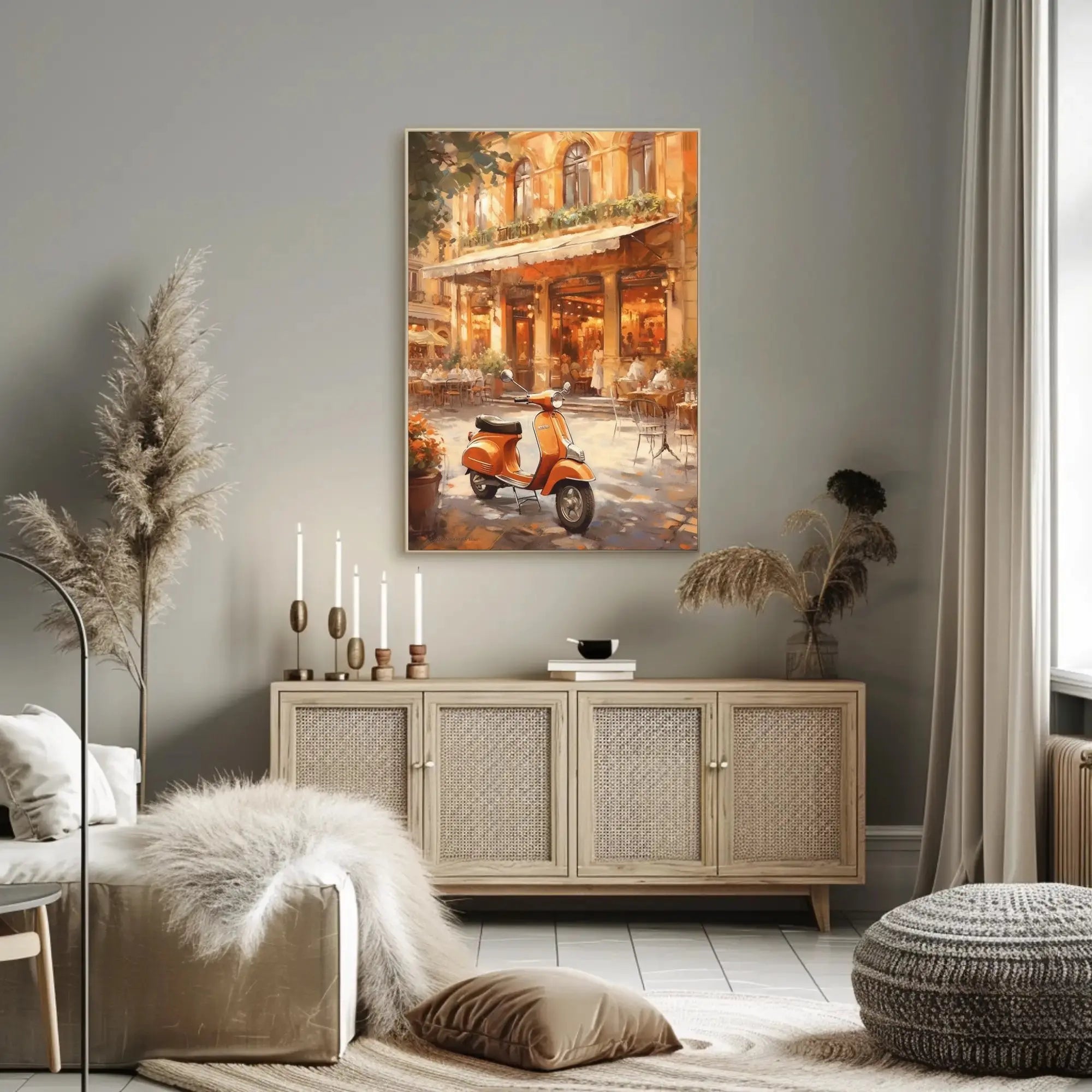 Vintage European Street Scene with Vespa Travel Poster PosterGoat