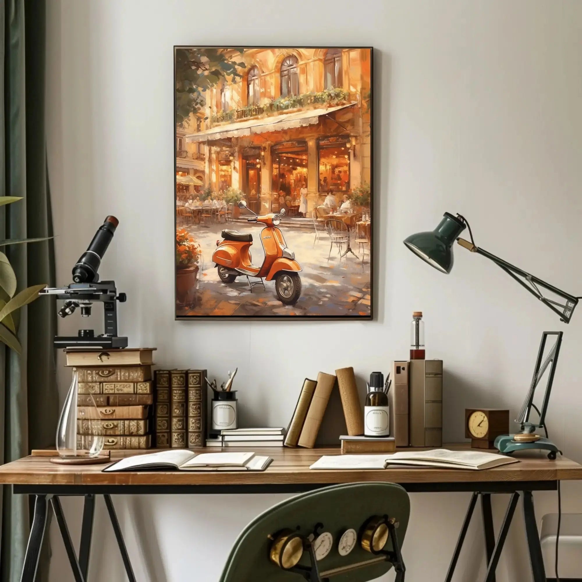 Vintage European Street Scene with Vespa Travel Poster PosterGoat