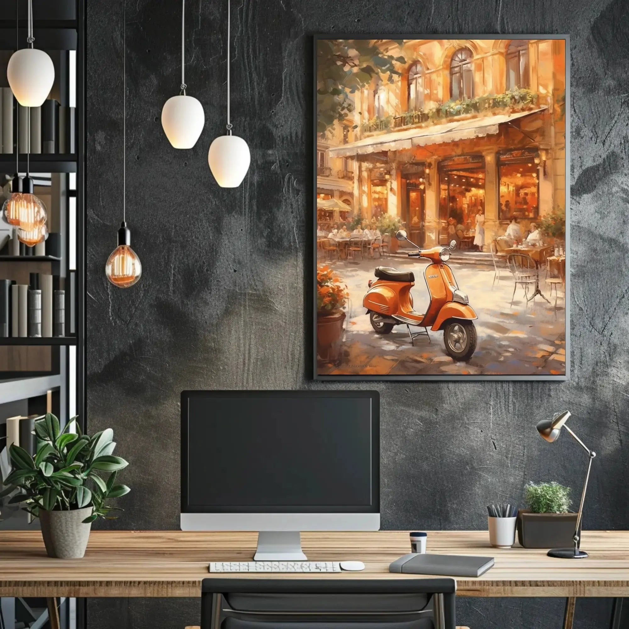 Vintage European Street Scene with Vespa Travel Poster PosterGoat