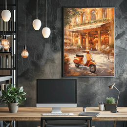 Vintage European Street Scene with Vespa Travel Poster PosterGoat