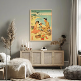 Vintage Family Picnic on Japanese Beach Cultural or Heritage Poster PosterGoat