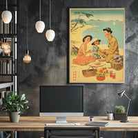 Vintage Family Picnic on Japanese Beach Cultural or Heritage Poster PosterGoat