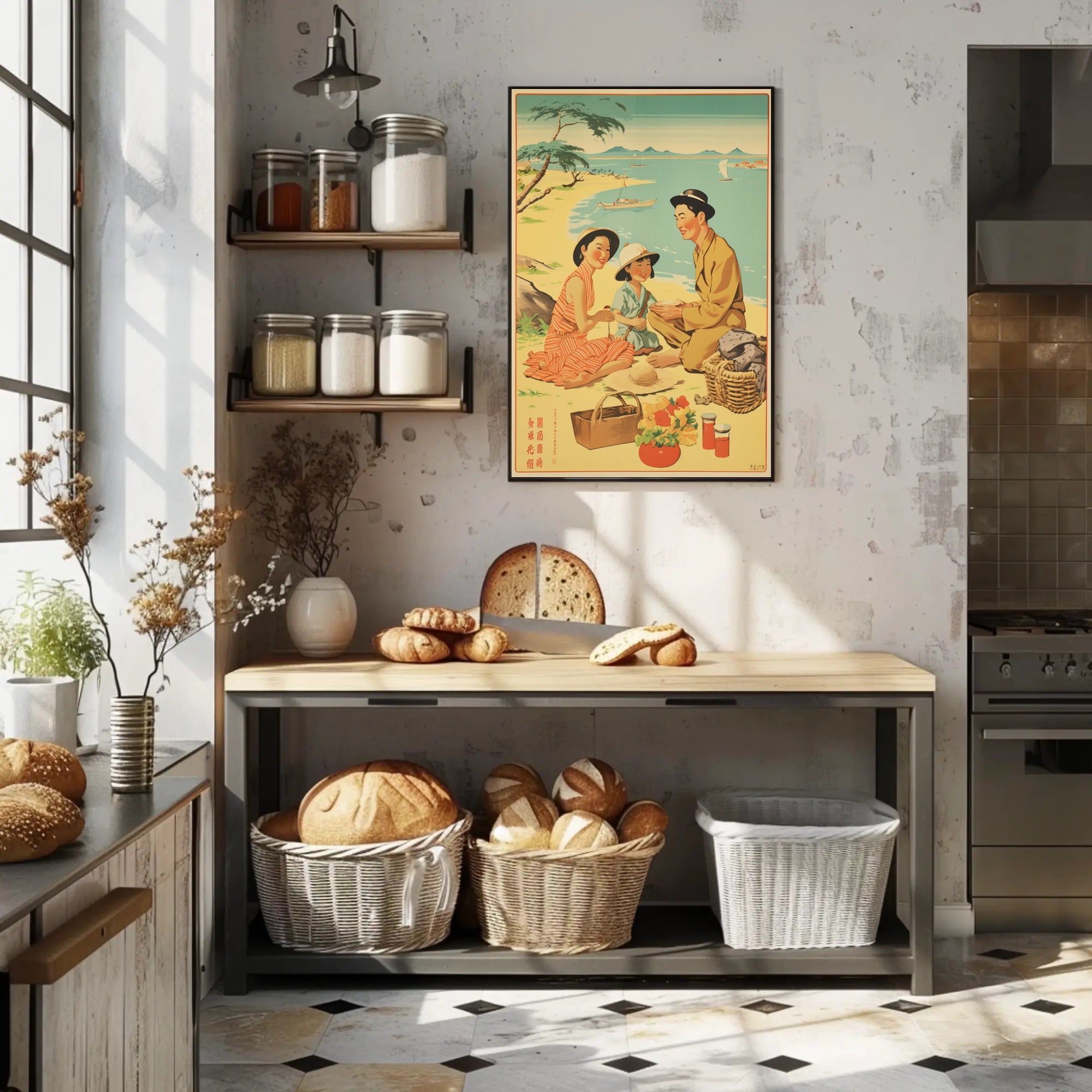 Vintage Family Picnic on Japanese Beach Cultural or Heritage Poster PosterGoat