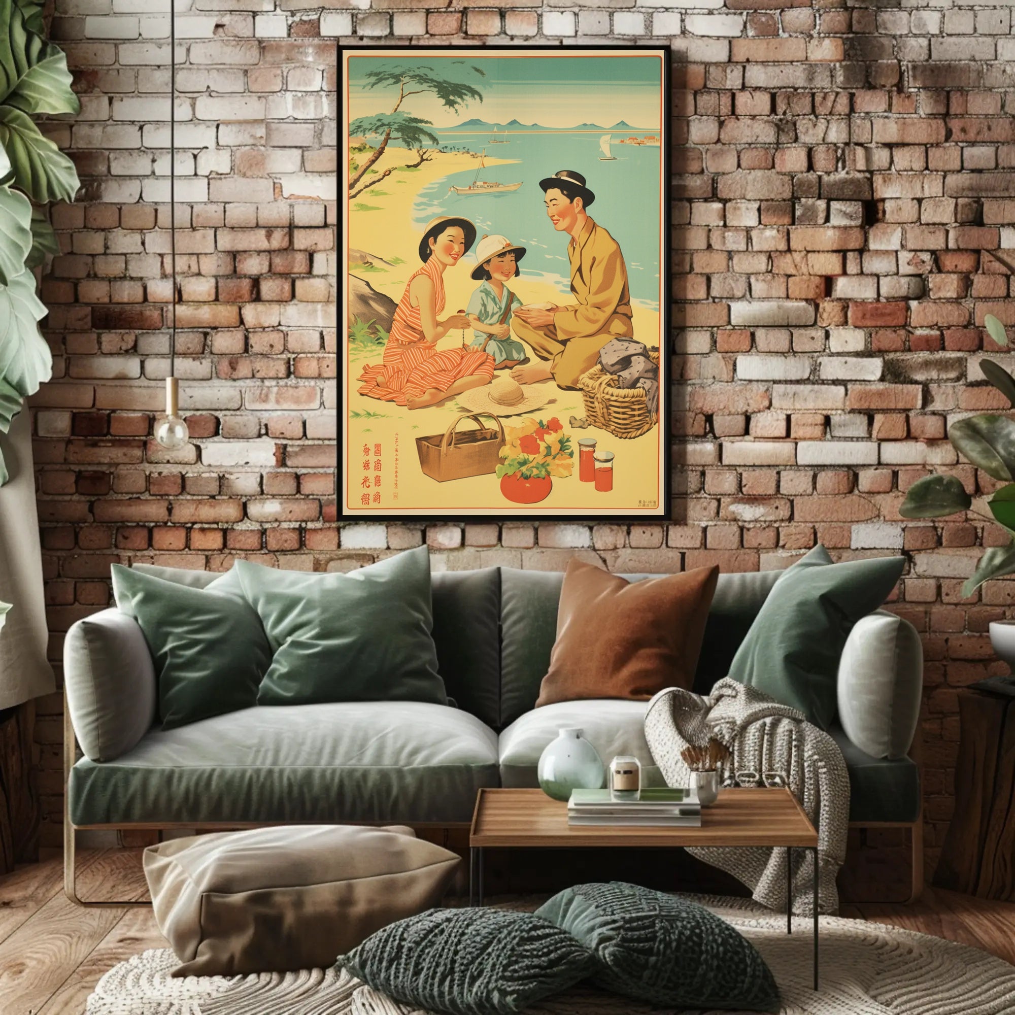 Vintage Family Picnic on Japanese Beach Cultural or Heritage Poster PosterGoat