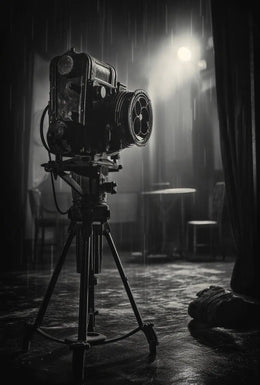 Vintage Film Camera in Rainy Scene - Artistic Poster PosterGoat