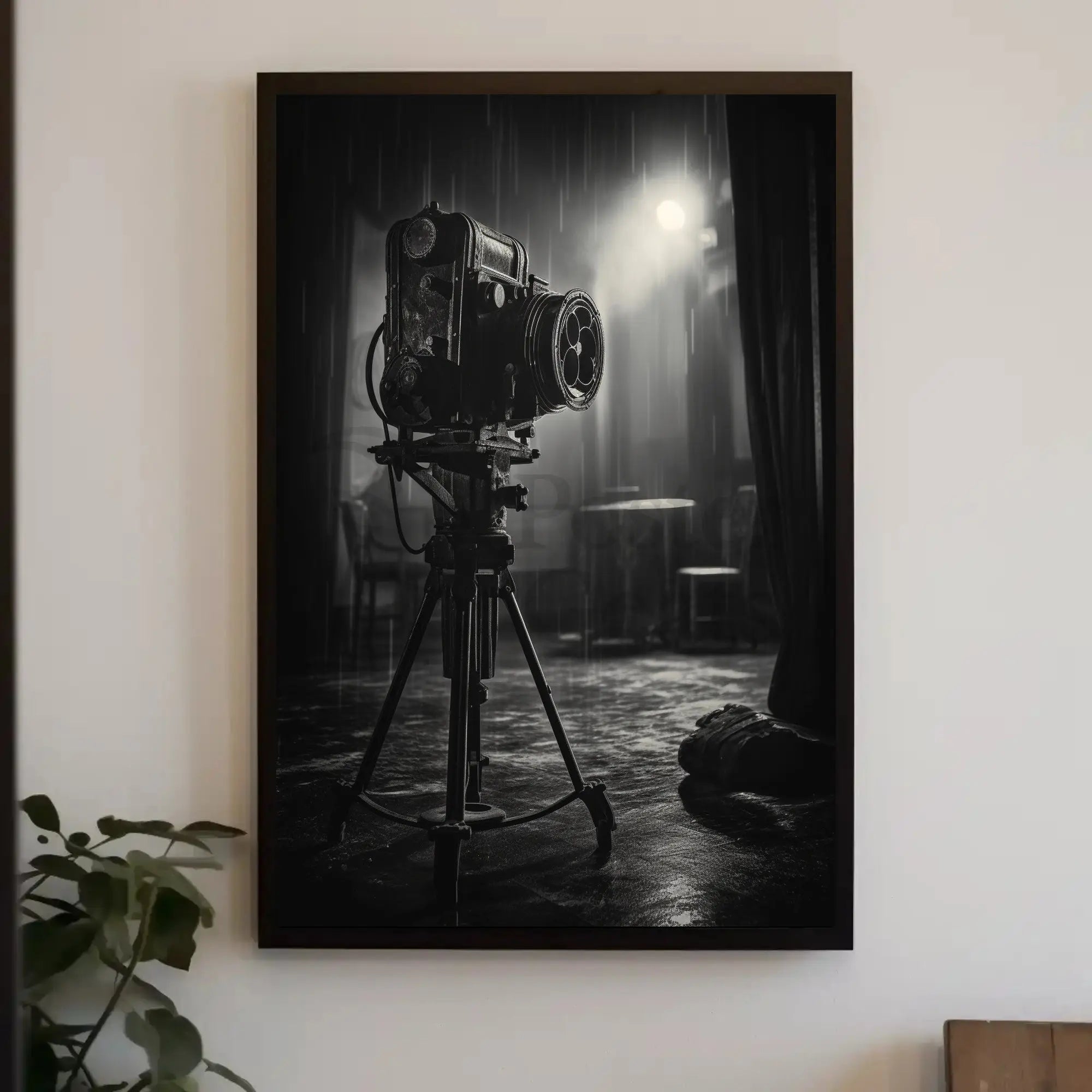 Vintage Film Camera in Rainy Scene - Artistic Poster PosterGoat