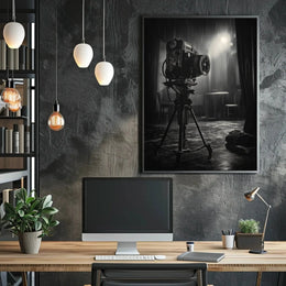 Vintage Film Camera in Rainy Scene - Artistic Poster PosterGoat