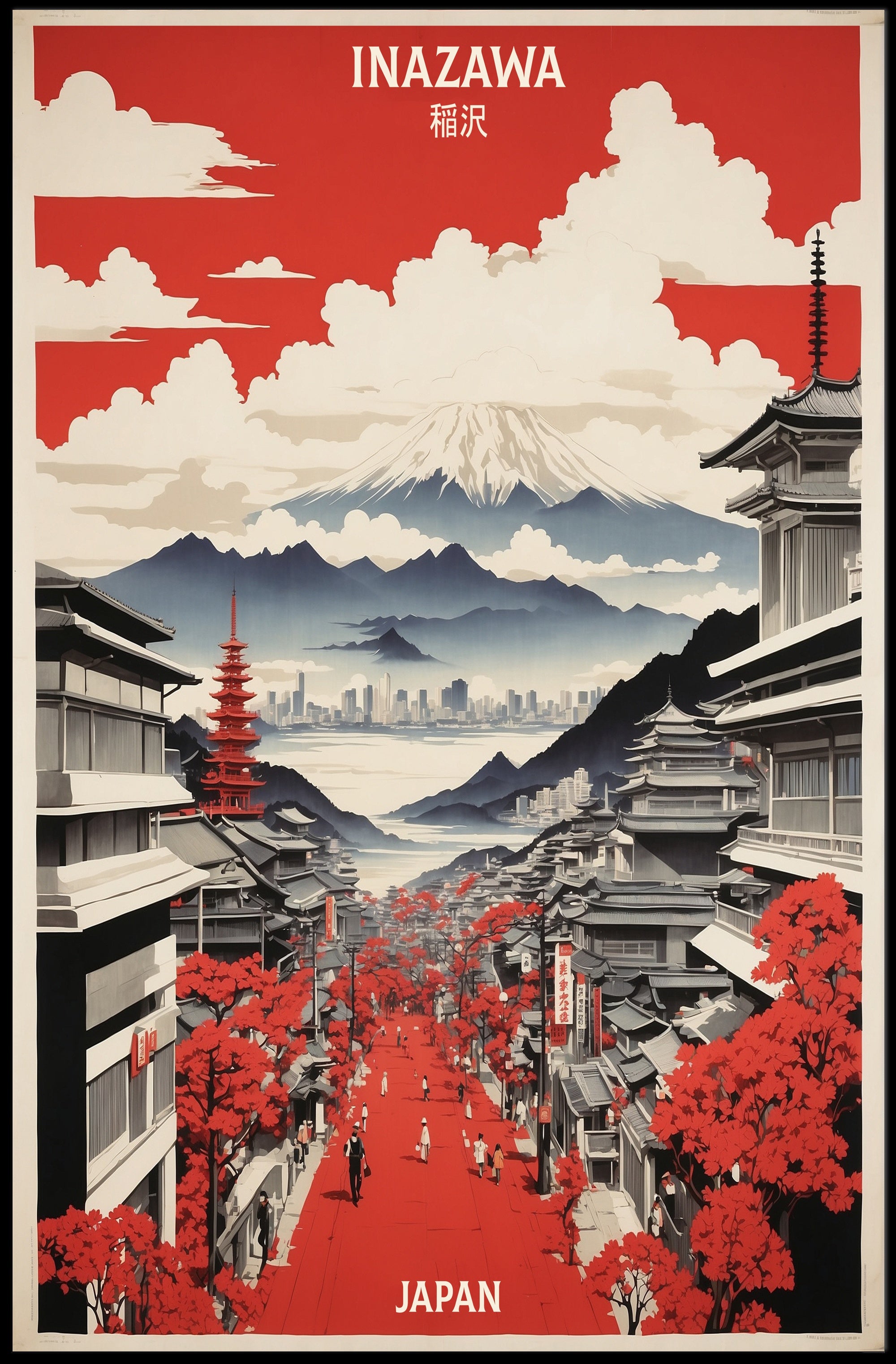 Vintage Japanese Cityscape of Inazawa Travel Poster PosterGoat