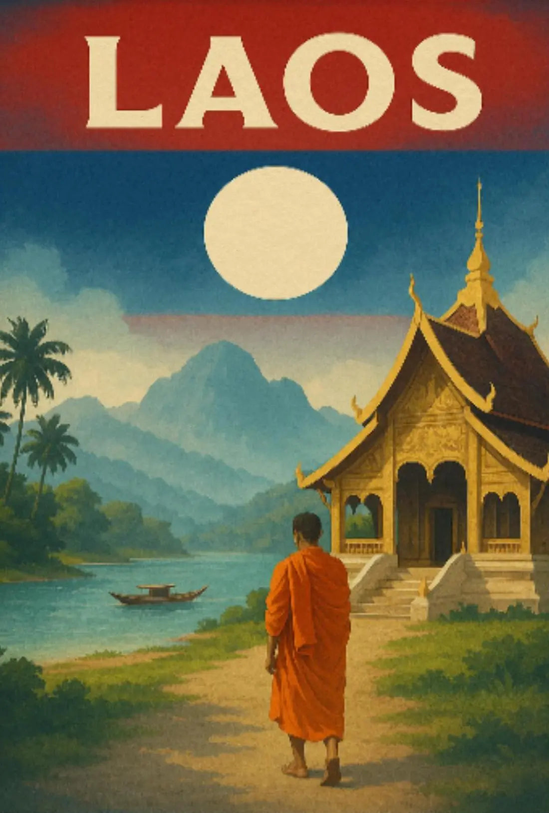 Vintage Laos Landscape with Temple and Monk Travel Poster PosterGoat