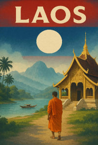 Vintage Laos Landscape with Temple and Monk Travel Poster PosterGoat