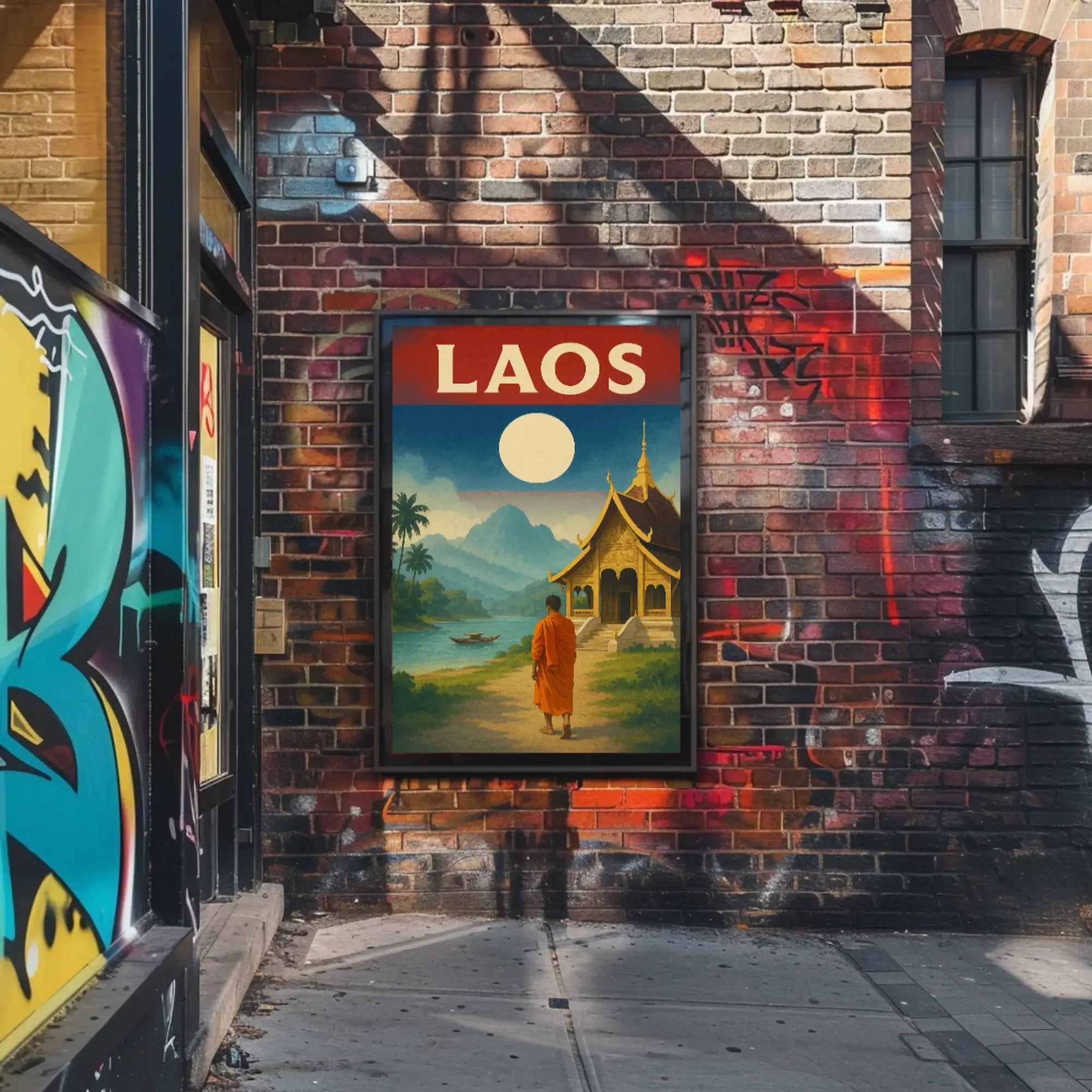 Vintage Laos Landscape with Temple and Monk Travel Poster PosterGoat