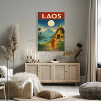 Vintage Laos Landscape with Temple and Monk Travel Poster PosterGoat