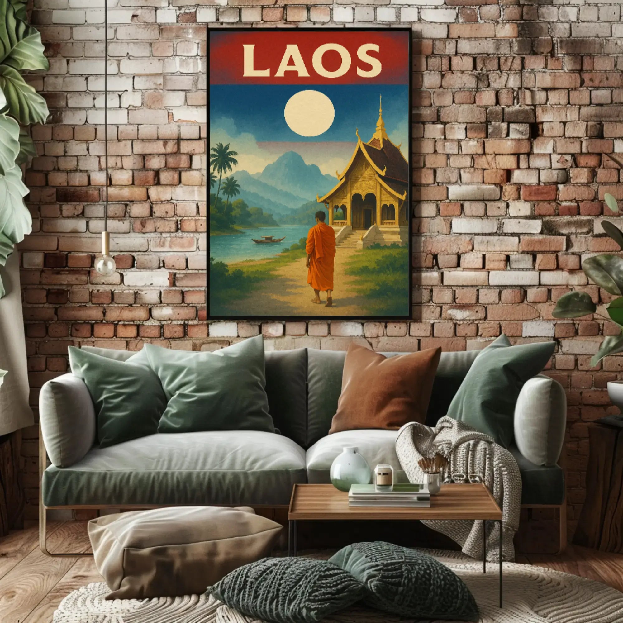 Vintage Laos Landscape with Temple and Monk Travel Poster PosterGoat