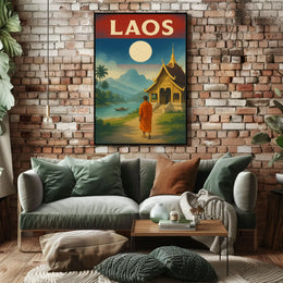 Vintage Laos Landscape with Temple and Monk Travel Poster PosterGoat