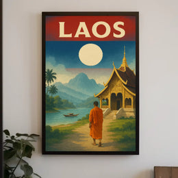 Vintage Laos Landscape with Temple and Monk Travel Poster PosterGoat
