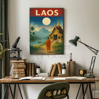 Vintage Laos Landscape with Temple and Monk Travel Poster PosterGoat