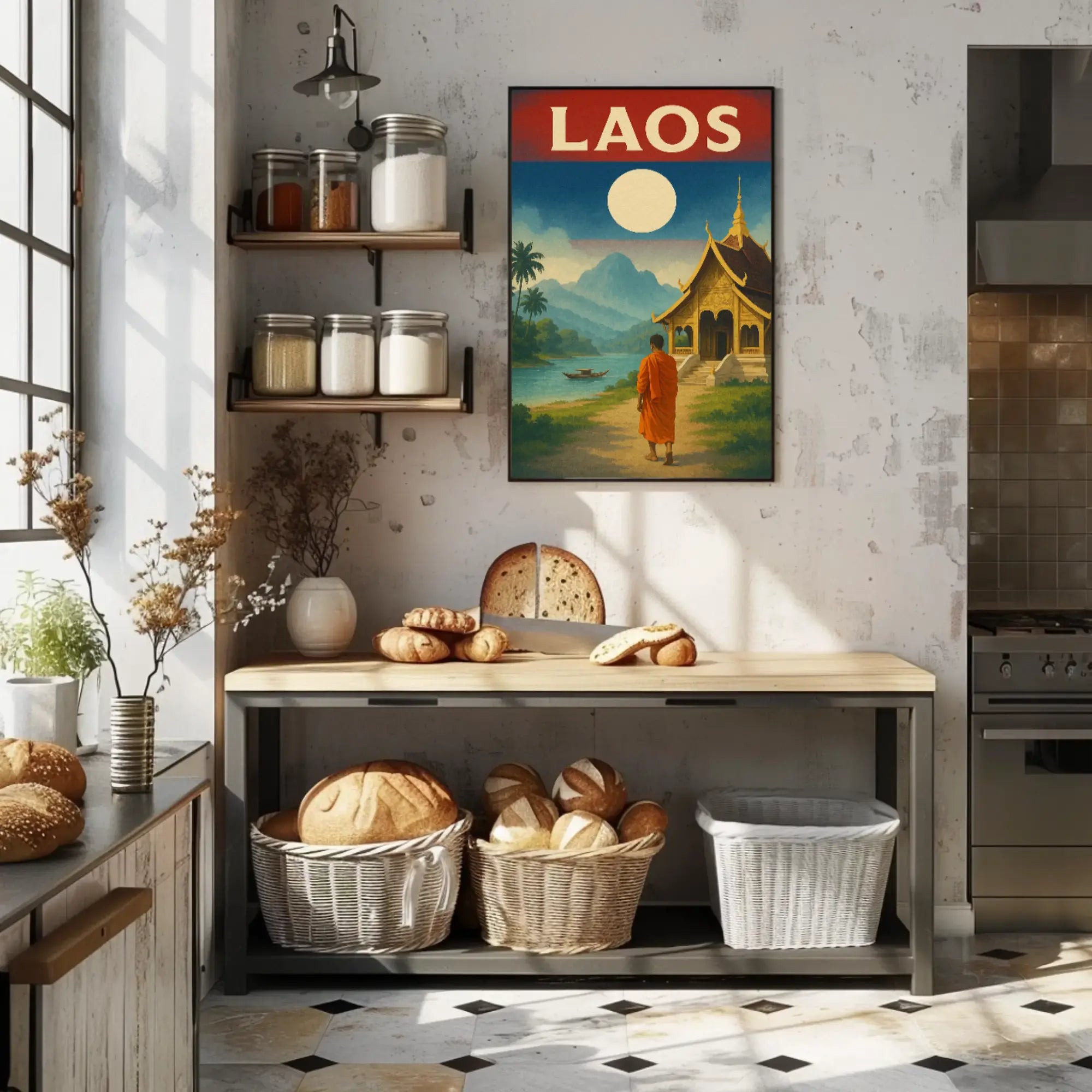 Vintage Laos Landscape with Temple and Monk Travel Poster PosterGoat