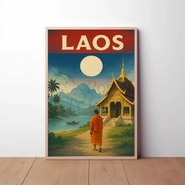 Vintage Laos Landscape with Temple and Monk Travel Poster PosterGoat