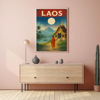 Vintage Laos Landscape with Temple and Monk Travel Poster PosterGoat
