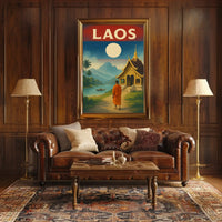 Vintage Laos Landscape with Temple and Monk Travel Poster PosterGoat