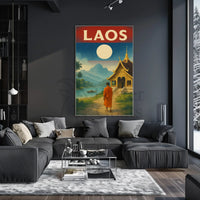 Vintage Laos Landscape with Temple and Monk Travel Poster PosterGoat