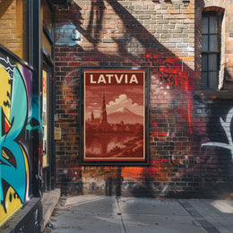 Vintage Latvia Cityscape with Romantic Mountains Travel Poster PosterGoat