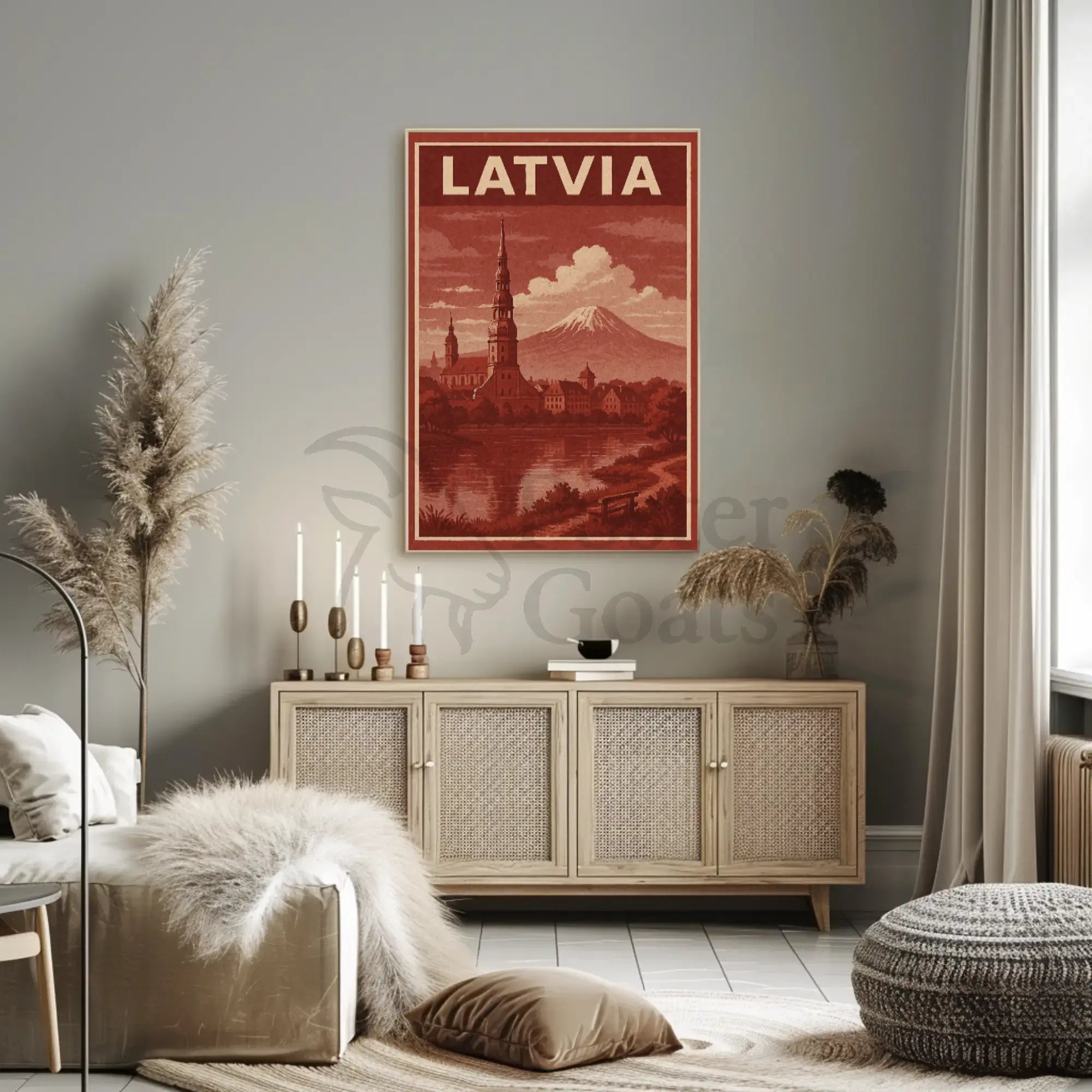 Vintage Latvia Cityscape with Romantic Mountains Travel Poster PosterGoat