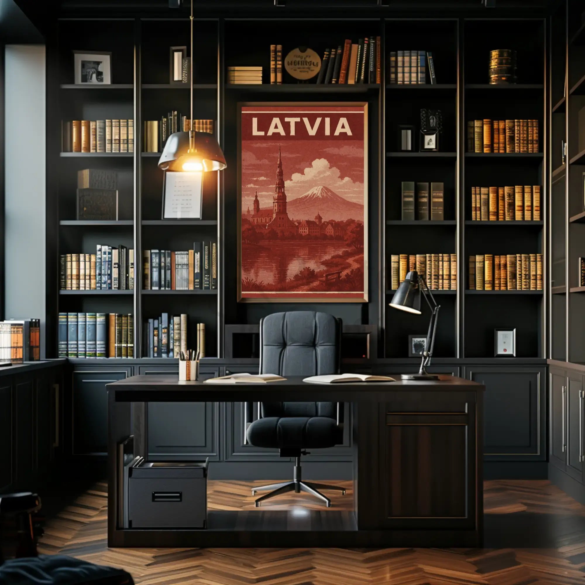 Vintage Latvia Cityscape with Romantic Mountains Travel Poster PosterGoat