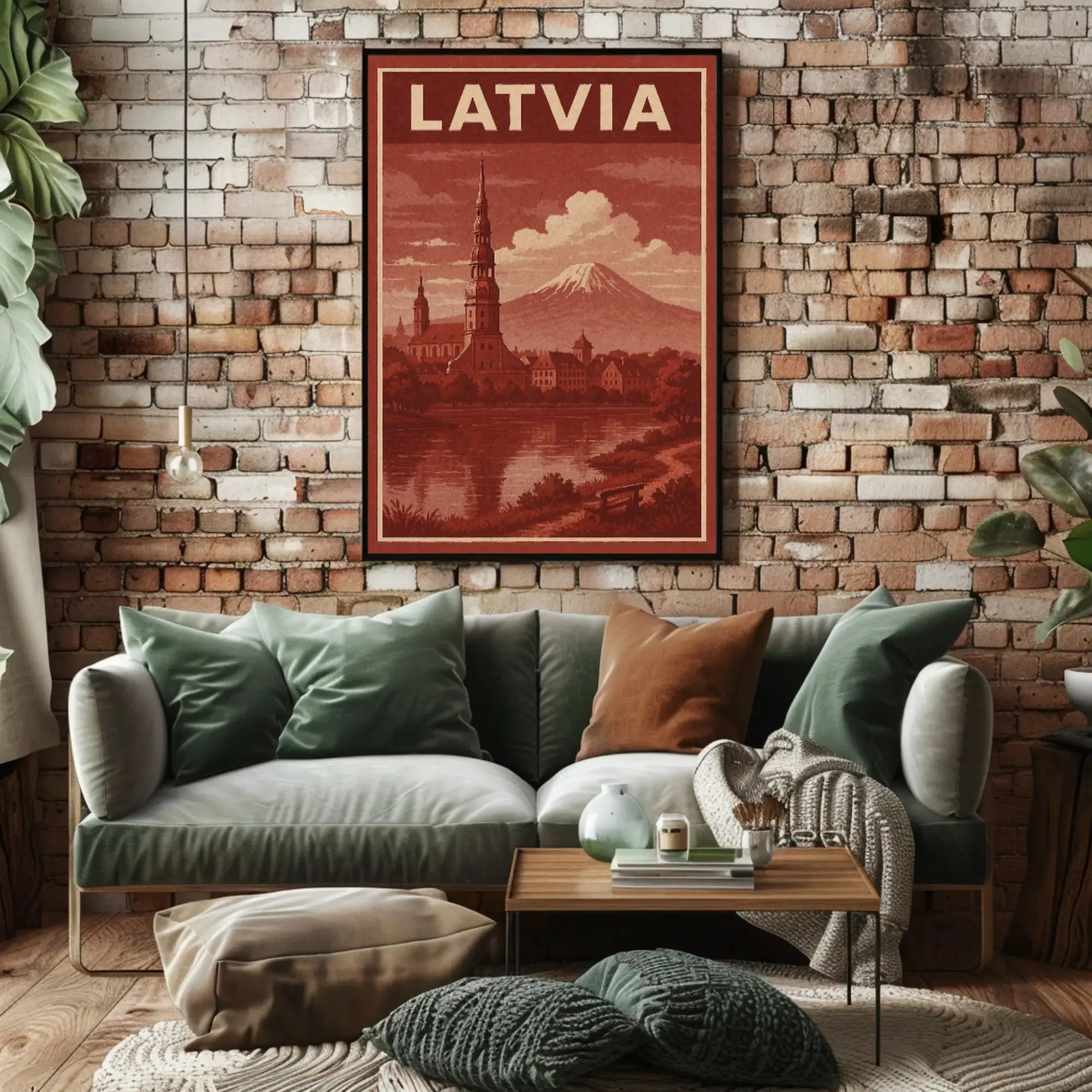 Vintage Latvia Cityscape with Romantic Mountains Travel Poster PosterGoat