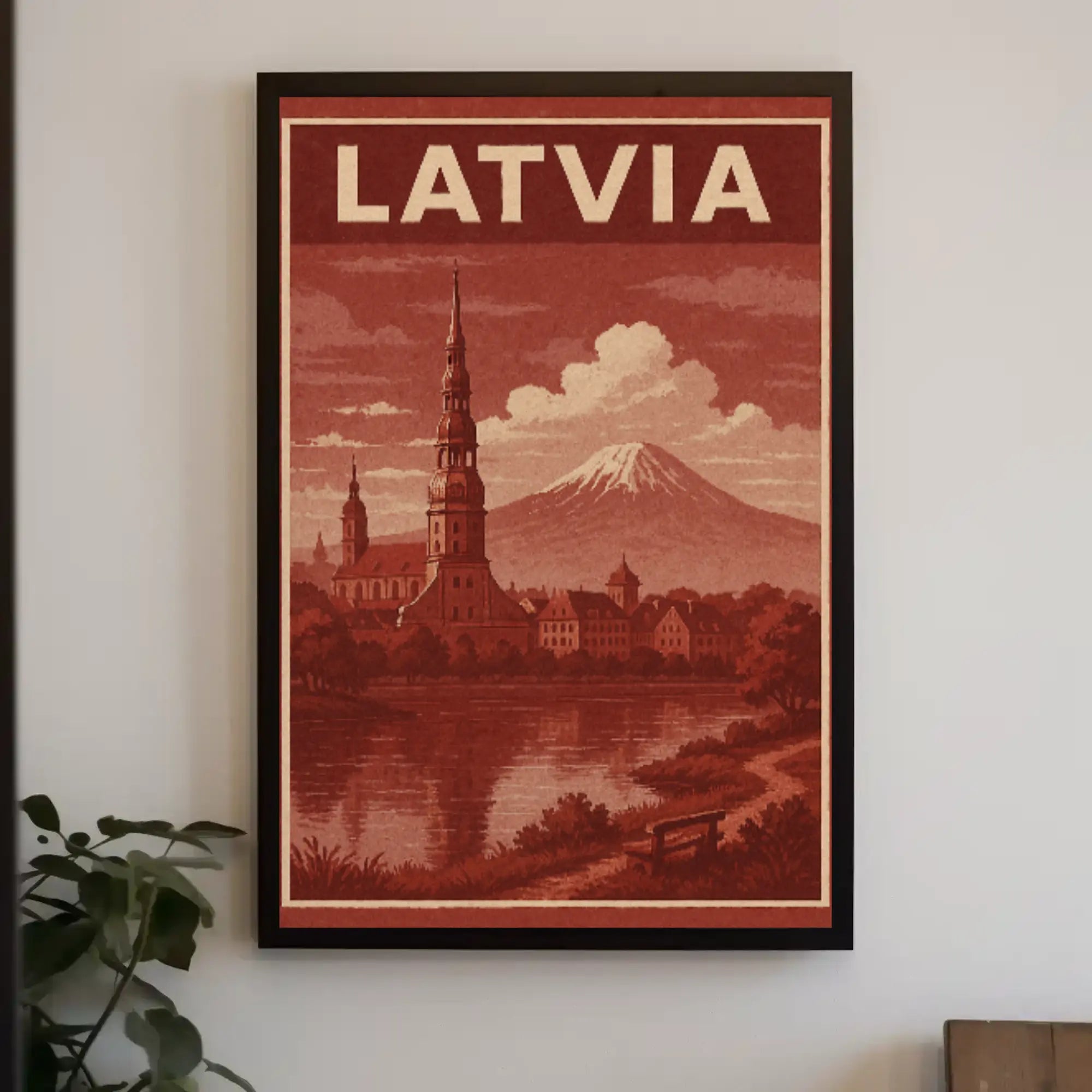 Vintage Latvia Cityscape with Romantic Mountains Travel Poster PosterGoat