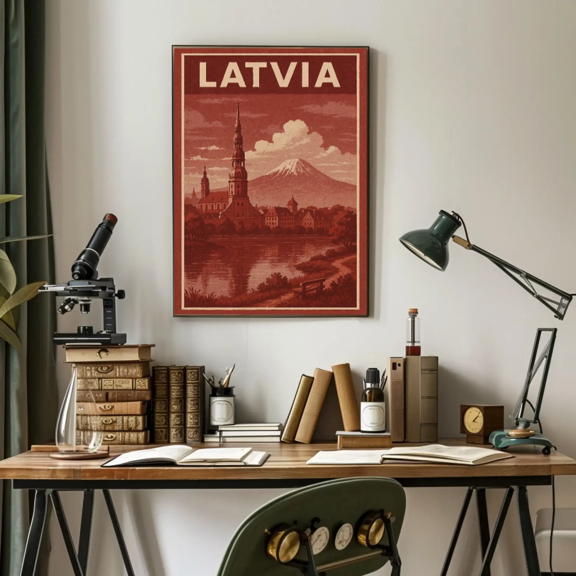 Vintage Latvia Cityscape with Romantic Mountains Travel Poster PosterGoat