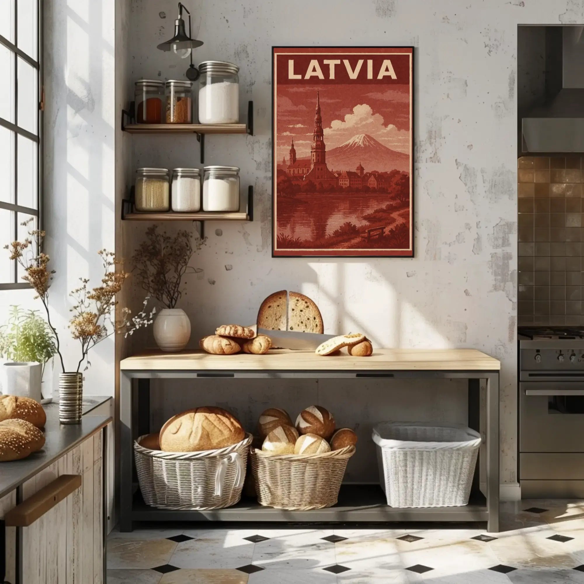 Vintage Latvia Cityscape with Romantic Mountains Travel Poster PosterGoat