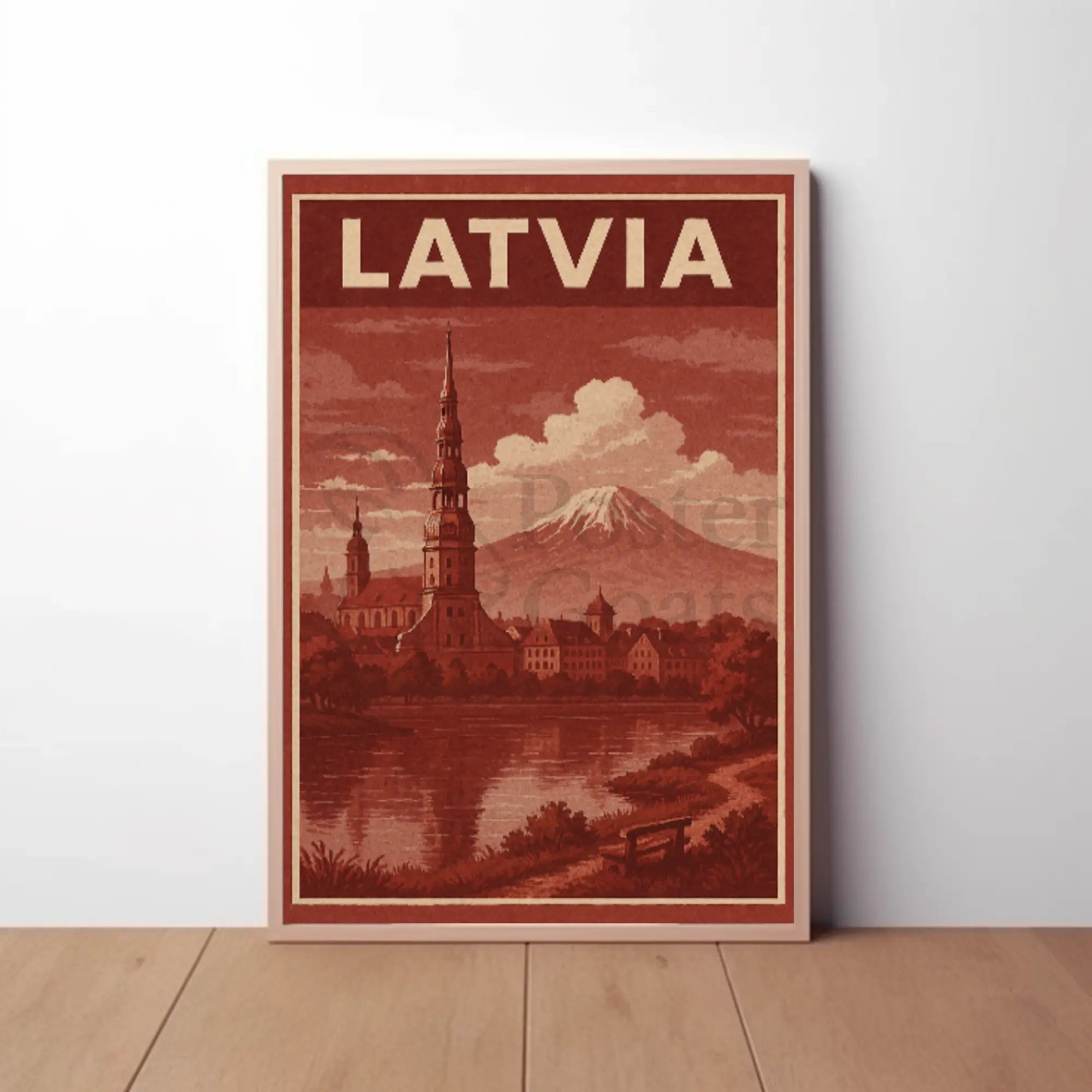 Vintage Latvia Cityscape with Romantic Mountains Travel Poster PosterGoat