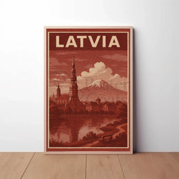 Vintage Latvia Cityscape with Romantic Mountains Travel Poster PosterGoat