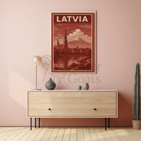 Vintage Latvia Cityscape with Romantic Mountains Travel Poster PosterGoat