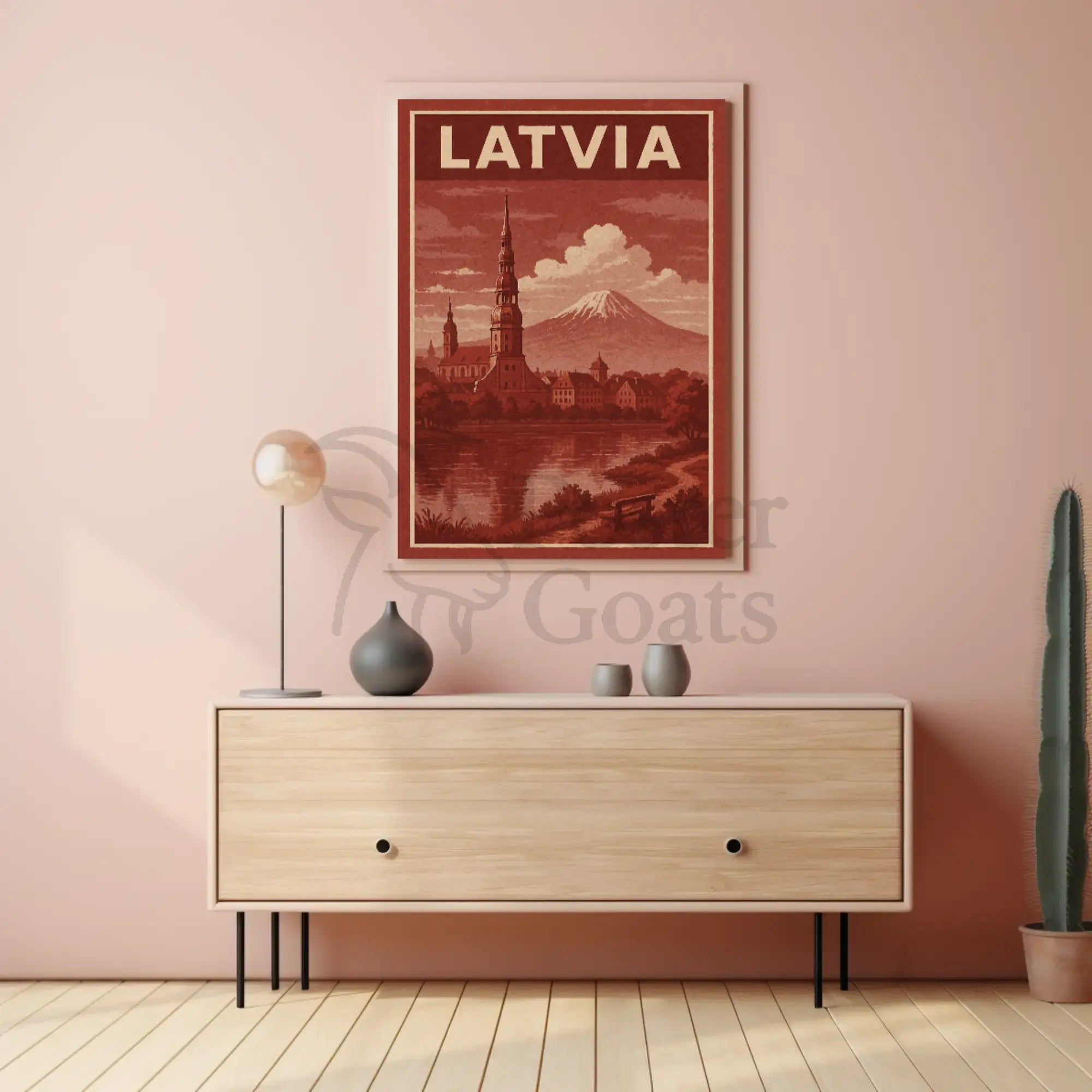 Vintage Latvia Cityscape with Romantic Mountains Travel Poster PosterGoat