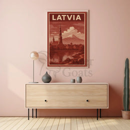 Vintage Latvia Cityscape with Romantic Mountains Travel Poster PosterGoat