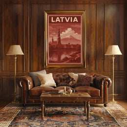 Vintage Latvia Cityscape with Romantic Mountains Travel Poster PosterGoat